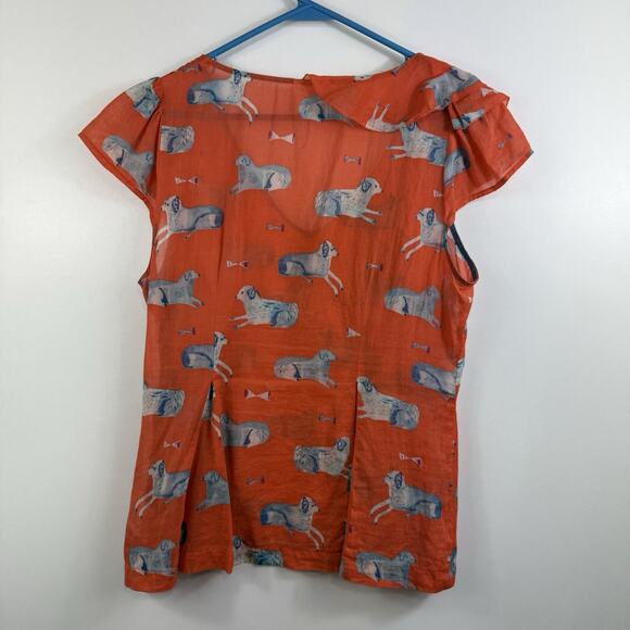 Anthropologie Meadow Rue Orange Dog Print Blouse 10P Ruffle Pleated Sheer Cotton - Picture 9 of 15